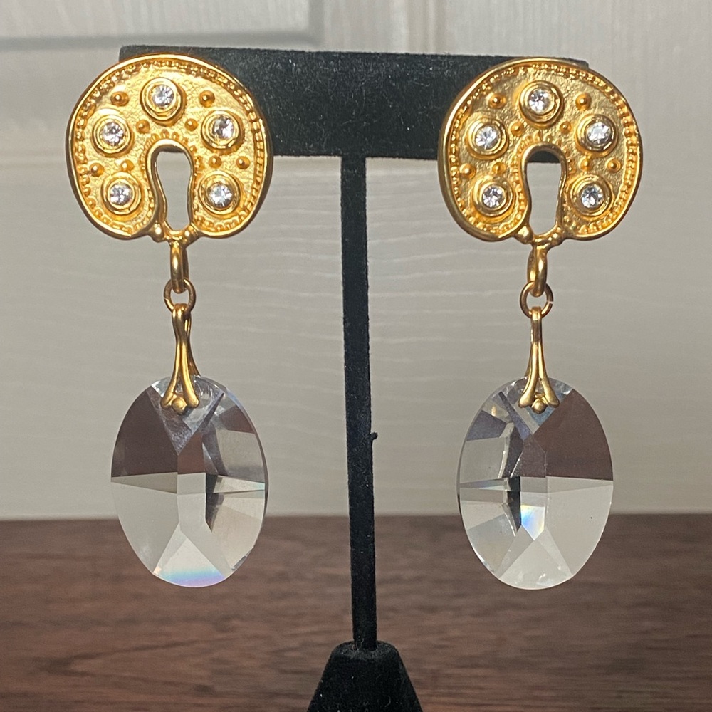 Gold Tone Drop Earrings | Faceted Clear Dangles Statement